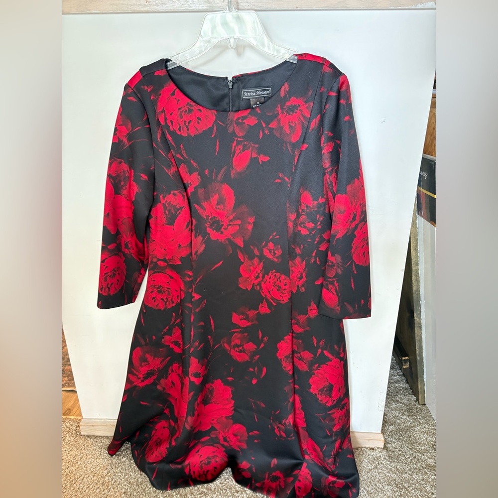 Jessica Howard Black Dress with Red Floral Design